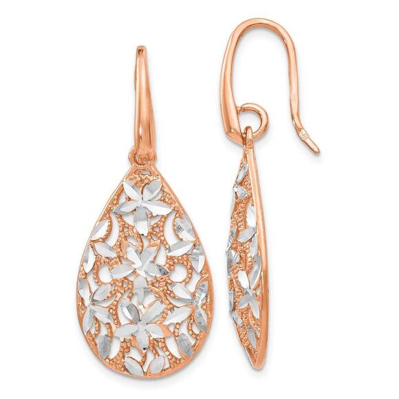 Floral Filigree Teardrop Dangle Rose Gold Tone Plated Silver Earrings - Picture 1 of 5